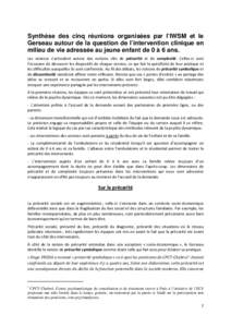 Synthèse des cinq réunions organisées par l’IWSM et le Gerseau autour de la question de l’intervention clinique en milieu de vie adressée au jeune enfant de 0 à 6 ans. Les séances s’articulent autour des noti