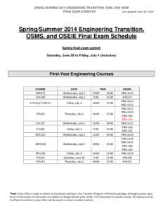 SPRING/SUMMER 2014 ENGINEERING TRANSITION, OSMS, AND OSEIE FINAL EXAM SCHEDULE Last updated: June 24, 2014 Spring/Summer 2014 Engineering Transition, OSMS, and OSEIE Final Exam Schedule