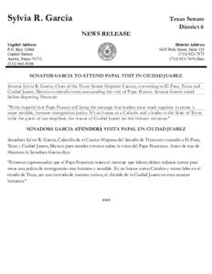 Sylvia R. Garcia  Texas Senate District 6 NEWS RELEASE
