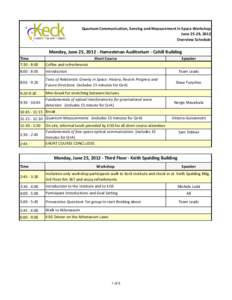 Quantum Communication, Sensing and Measurement in Space Workshop June 25-29, 2012 Overview Schedule Monday, June 25, [removed]Hameetman Auditorium - Cahill Building Short Course