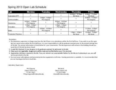 Spring 2013 Open Lab Schedule Lab Monday  Tuesday