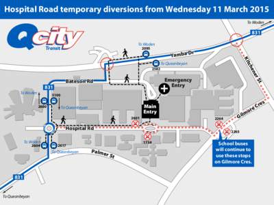 Hospital Road temporary diversions from Wednesday 11 March 2015 To Woden 831 To Woden 2095