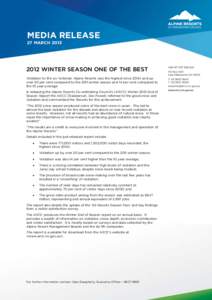 MEDIA RELEASE 27 MARCH[removed]WINTER SEASON ONE OF THE BEST Visitation to the six Victorian Alpine Resorts was the highest since 2004 and up over 20 per cent compared to the 2011 winter season and 14 per cent compared