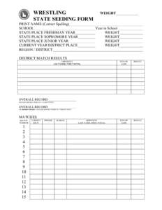 WRESTLING STATE SEEDING FORM PRINT NAME (Correct Spelling) SCHOOL STATE PLACE FRESHMAN YEAR STATE PLACE SOPHOMORE YEAR