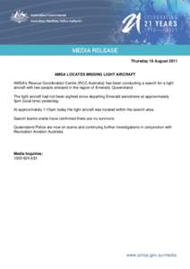 Microsoft Word - Draft 18 Aug 11 AMSA locates missing light aircraft.doc