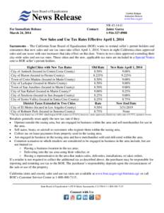 California State Board of Equalization (BOE) News Release: New Sales and Use Tax Rates Effective April 1, 2014;