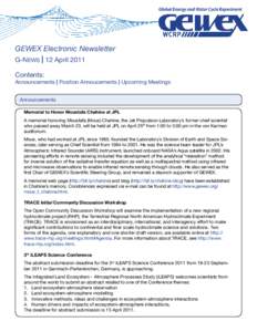 GEWEX Electronic Newsletter G-News | 12 April 2011 Contents: Announcements | Position Annoucements | Upcoming Meetings Announcements