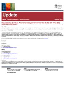 Broadcasting Services Amendment (Regional Commercial Radio) Bill[removed]Bill) receives royal assent - Holding Redlich Lawyers - Law Firm Melbourne Sydney Brisbane