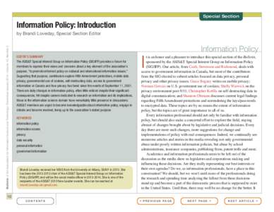 Special Section  Information Policy: Introduction Bulletin of the Association for Information Science and Technology – December/January 2014 – Volume 40, Number 2  by Brandi Loveday, Special Section Editor