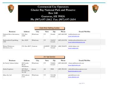 Commercial Use Operators Glacier Bay National Park and Preserve Box 140 Gustavus, AK[removed]Ph: ([removed]Fax: ([removed]Alsek River Rafting Guides