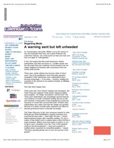 calendarlive.com: A warning sent but left unheeded[removed]:10 AM Home | latimes.com | Submit Events | Print Edition | Archives | Advertise | Help September 2, 2005