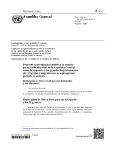 Proyecto de documento final de la reunión plenaria de alto nivel de la Asamblea General sobre la respuesta a los grandes desplazamientos de refugiados y migrantes. A/70/L.61