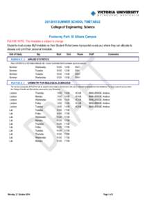 [removed]SUMMER SCHOOL TIMETABLE College of Engineering Science Footscray Park St Albans Campus PLEASE NOTE: This timetable is subject to change Students must access MyTimetable via their Student Portal (www.myvuportal.v