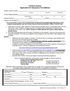 Fremont County Application for Issuance of an Address Property Owner’s Name: Last Name  First Name