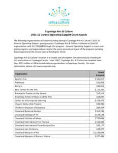 Cuyahoga Arts & Culture[removed]General Operating Support Grant Awards The following organizations will receive funding through Cuyahoga Arts & Culture’s[removed]General Operating Support grant program. Cuyahoga Arts &