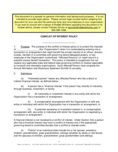 This document is a sample for general information and background purposes. It is not intended to provide legal advice. Please consult legal counsel before adapting this document for your use and the particular facts and 