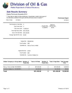 Sale Results Summary Alaska Peninsula Areawide 2014 ** These bids are subject to further adjudication. No guarantee is made to the accuracy of the information contained in this report until title and survey review is com