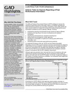 GAO[removed]Highlights, Contractor Performance: Actions Taken to Improve Reporting of Past Performance Information