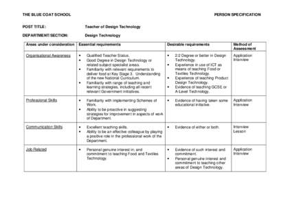 THE BLUE COAT SCHOOL  PERSON SPECIFICATION POST TITLE: