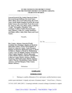 IN THE UNITED STATES DISTRICT COURT FOR THE WESTERN DISTRICT OF NORTH CAROLINA CHARLOTTE DIVISION ) General Synod of The United Church of Christ; ) )