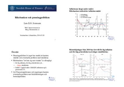 Inflationen långt under målet: Riksbanken åsidosätter inflationsmålet Riksbanken och penningpolitiken Lars E.O. Svensson Web: larseosvensson.se