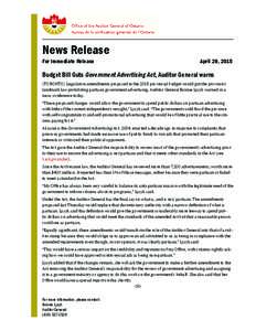 News Release, April 29, 2015: Budget Bill Guts Government Advertising Act, Auditor General warns