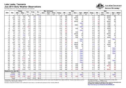 Lake Leake, Tasmania July 2014 Daily Weather Observations Most observations from Lake Leake, but pressure from Swansea. Date