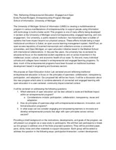 Title: Reframing Entrepreneurial Education: Engaged and Open  Emily Puckett Rodgers, Entrepreneurship Program Manager  School of Information, University of Michigan    The University of Michigan S