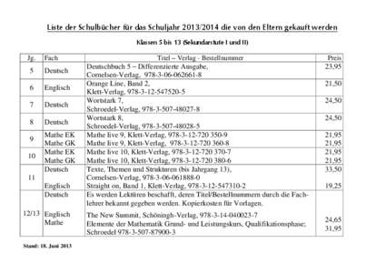 Liste der Schulbücher für das Schuljahr[removed]die von den Eltern gekauft werden Klassen 5 bis 13 (Sekundarstufe I und II) Jg.  Fach