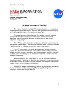 Human Research Facility  NASA INFORMATION National Aeronautics and Space Administration