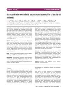 Original Article doi: joimAssociation between fluid balance and survival in critically ill patients J. Lee1,2, E. de Louw3, M. Niemi3, R. Nelson3, R. G. Mark1, L. A. Celi1,3, K. J. Mukamal3 & J. Danziger3