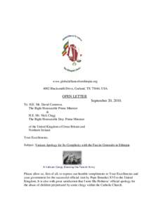 www.globalallianceforethiopia.org 4002 Blacksmith Drive, Garland, TX 75044, USA OPEN LETTER September 20, 2010. To: H.E. Mr. David Cameron,