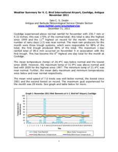 Weather Summary for V. C. Bird International Airport, Coolidge, Antigua November 2011 Dale C. S. Destin Antigua and Barbuda Meteorological Service Climate Section www.twitter.com/anumetservice December 31, 2011