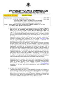 UNIVERSITY GRANTS COMMISSION NATIONAL EDUCATIONAL TESTING (NET) BUREAU UGC NATIONAL ELIGIBILITY TEST FOR JUNIOR RESEARCH FELLOWSHIP AND ELIGIBILITY FOR LECTURESHIP – DECEMBER,2010 EXAM. DATE : [removed]
