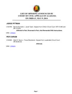 LIST OF OPINIONS ANNOUNCED BY COURT OF CIVIL APPEALS OF ALABAMA ON FRIDAY, MAY 9, 2014 JUDGE PITTMAN[removed]Ronnie Burnette v. Jacob Tighe (Appeal from Chilton Circuit Court: DR[removed]and DR[removed])