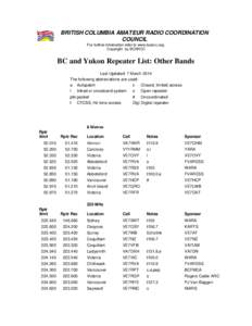 BRITISH COLUMBIA AMATEUR RADIO COORDINATION COUNCIL For further information refer to www.bcarcc.org. Copyright by BCARCC  BC and Yukon Repeater List: Other Bands