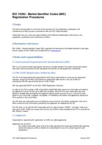 ISOMarket Identifier Codes (MIC) Registration Procedures 1 Scope This document provides an overview of the procedure for the registration, publication and maintenance of MICs issued in accordance with the ISO 10