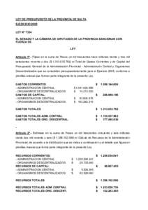 LEY DE PRESUPUESTO DE LA PROVINCIA DE SALTA EJERCICIO 2005 LEY Nº 7334 EL SENADO Y LA CÁMARA DE DIPUTADOS DE LA PROVINCIA SANCIONAN CON FUERZA DE LEY