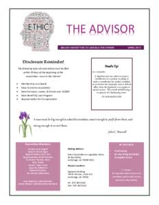 THE ADVISOR SELECT COMMITTEE ON LEGISLATIVE ETHICS Disclosure Reminder! The following types of associations must be filed within 30 days of the beginning of the