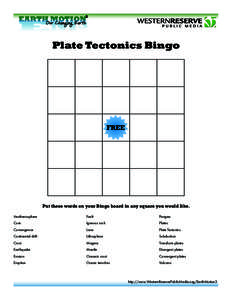 Plate Tectonics Bingo  FREE Put these words on your Bingo board in any square you would like. Aesthenosphere