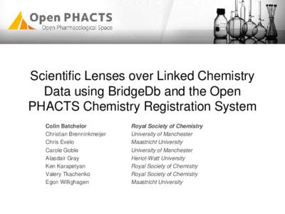 Scientific Lenses over Linked Chemistry Data using BridgeDb and the Open PHACTS Chemistry Registration System Colin Batchelor Christian Brenninkmeijer Chris Evelo
