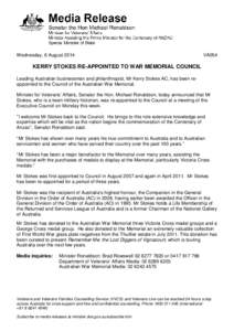 KERRY STOKES RE-APPOINTED TO WAR MEMORIAL COUNCIL