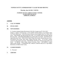 TURNER COUNTY COMMISSIONERS “CALLED” BOARD MEETING Thursday, June 26, [removed]:30 P.M. TURNER COUNTY AGRICULTURAL CENTER 222 ROCKHOUSE ROAD ASHBURN, GEORGIA