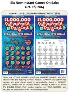 Six New Instant Games On Sale: Oct. 28, 2014 Game #1110 – $1,000,000 PEPPERMINT PAYOUT ($20) When any of YOUR NUMBERS match any WINNING NUMBER, win prize shown under the matching number. Reveal a 