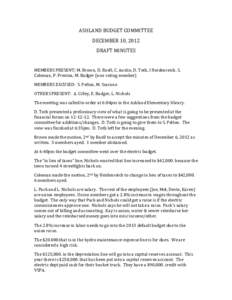 ASHLAND	
  BUDGET	
  COMMITTEE	
   DECEMBER	
  10,	
  2012	
   DRAFT	
  MINUTES	
     MEMBERS	
  PRESENT;	
  M.	
  Brown,	
  D.	
  Ruell,	
  C.	
  Austin,	
  D.	
  Toth,	
  I	
  Heidenreich,	
  S.	
 
