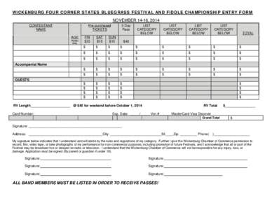 WICKENBURG FOUR CORNER STATES BLUEGRASS FESTIVAL AND FIDDLE CHAMPIONSHIP ENTRY FORM NOVEMBER 14-16, 2014 CONTESTANT NAME  Pre-purchased