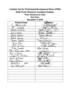 Attendee List for Professional Development Hours (PDH)   Rolla Water Resources Luncheon Seminar Water Resources in China Shane Barks