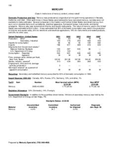 106  MERCURY (Data in metric tons of mercury content, unless noted)1 Domestic Production and Use: Mercury was produced as a byproduct at nine gold mining operations in Nevada, California, and Utah. Other gold mines in th