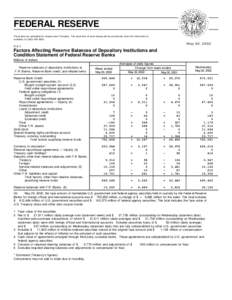 FEDERAL RESERVE These data are scheduled for release each Thursday. The exact time of each release will be announced, when the information is available, on[removed]May 30, 2002