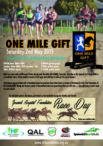 ONE MILE GIFT Saturday 2nd May 2015 Ipswich Turf Club, Brisbane Road, Bundamba OPEN One Mile Gift 			 Junior One Mile Gift (under 16)